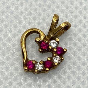 Vintage 10k yellow gold red-stone and CZ pendant, heart-shaped; EUC